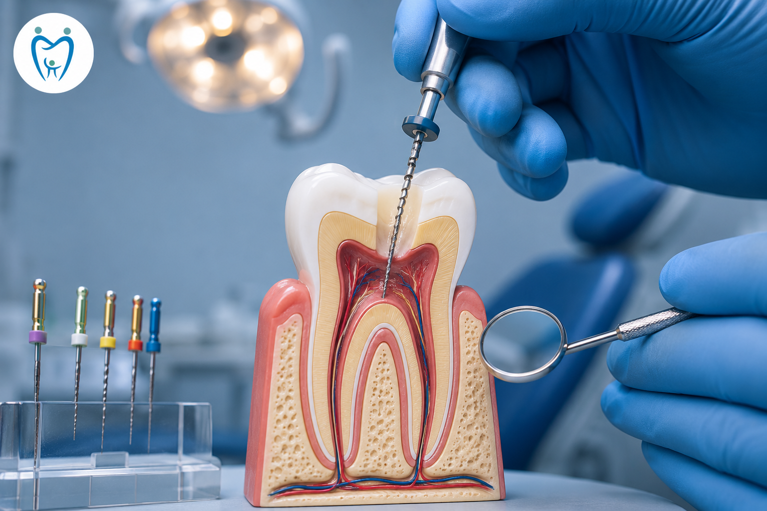 Dental professional performing root canal treatment using an endodontic file on a tooth model.